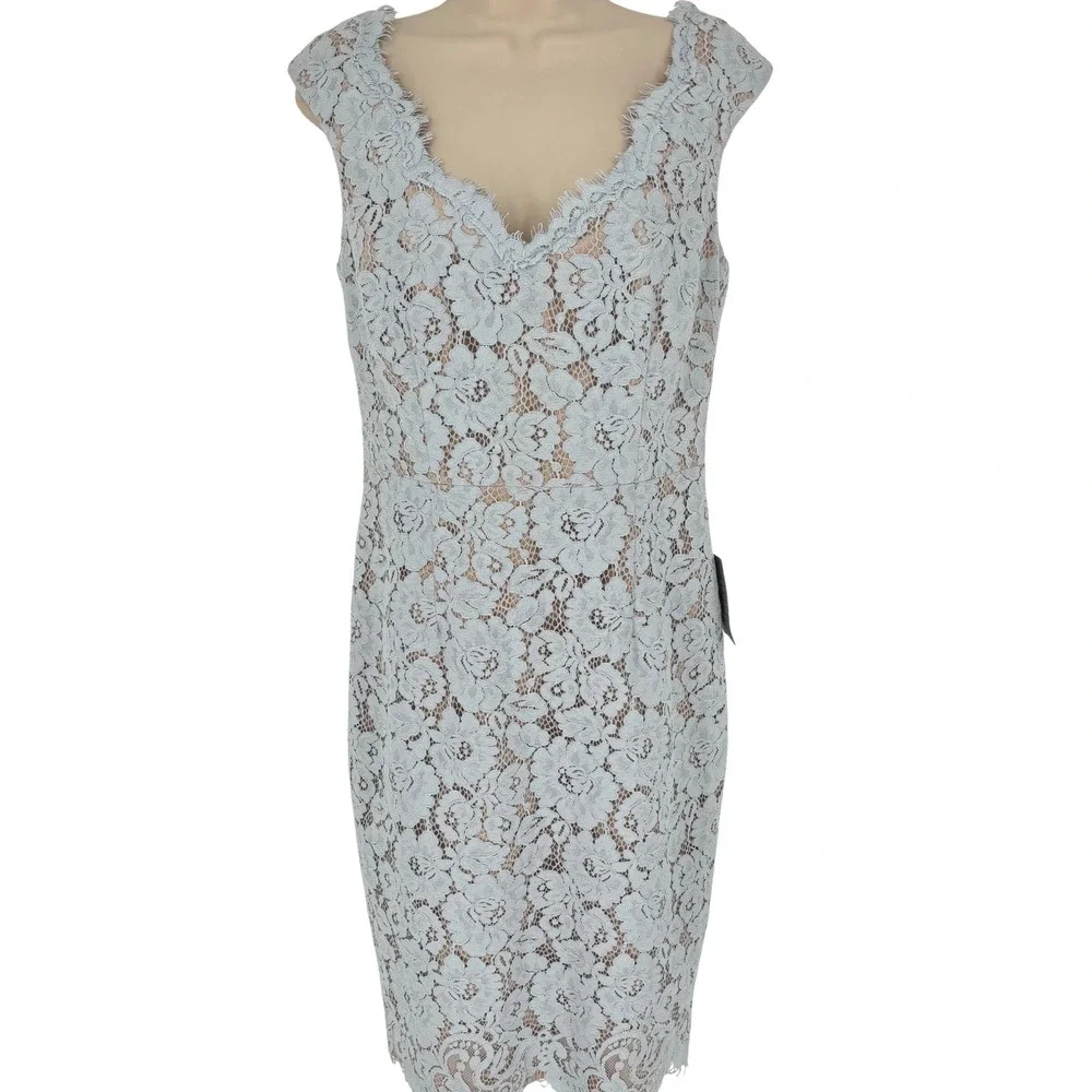 Eliza J Light Blue Floral Lace V-Neck Sheath Dress Eyelash Trim Petite 12P NEW